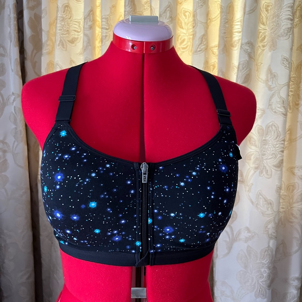Victoria’s Secret, sports bra, 34D, front enclosure, black/aqua